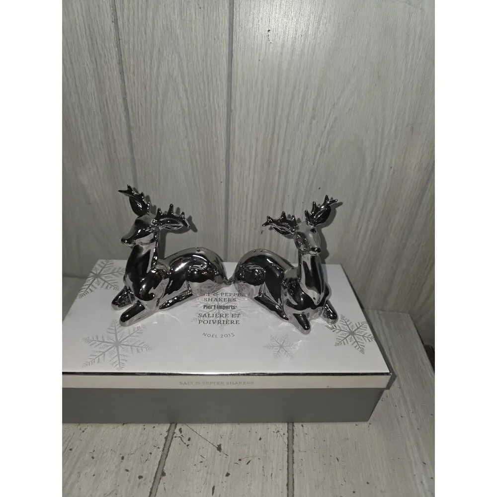 Pier 1 Reindeer Salt & Pepper Shakers Silver Tone Holiday Christmas Festive NIB